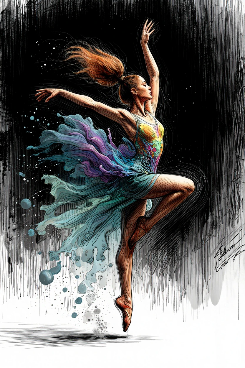 A graceful dancer, brown hair with high ponytail mid-leap, is captured in a moment of ethereal beauty, their form dissolving into a swirling vortex of