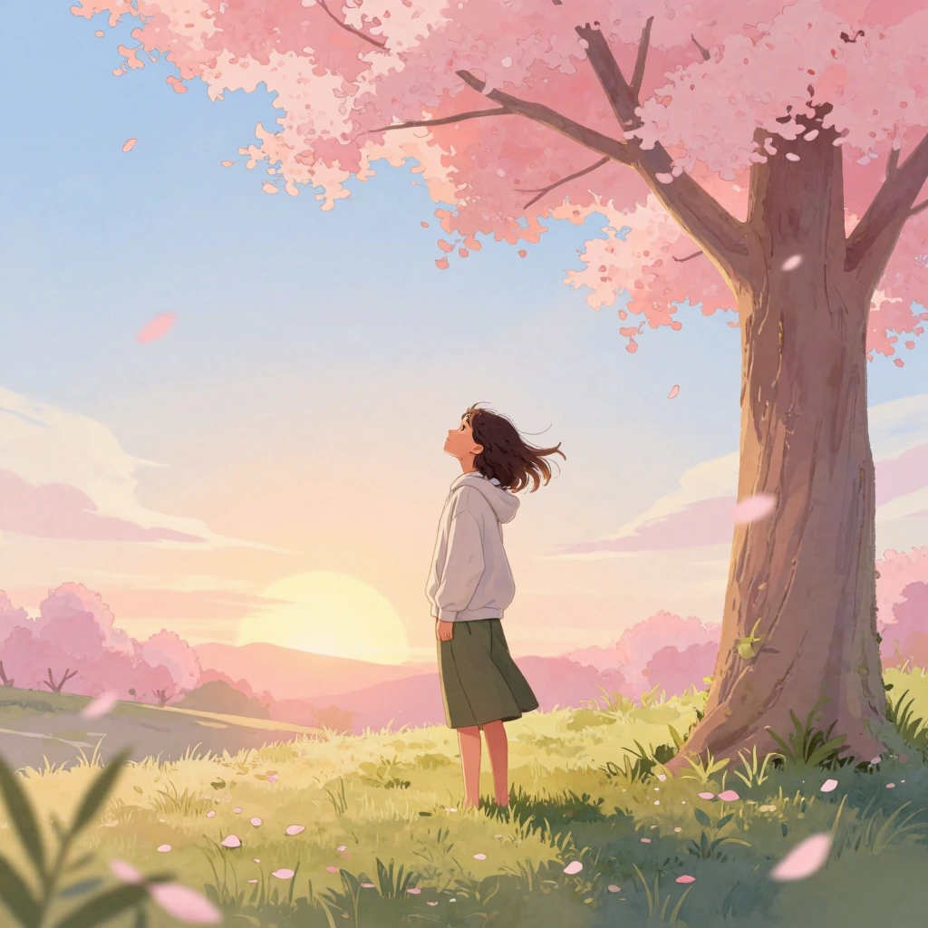 masterpiece,very aesthetic,high resolution, newest, absurdres, volumetric lighting, depth of field, scenery, wide shot, three_quarter_view, 1girl, hand in own hair, looking up, looking away, hoodie, culottes, spring \(season\), wind, falling petals, 