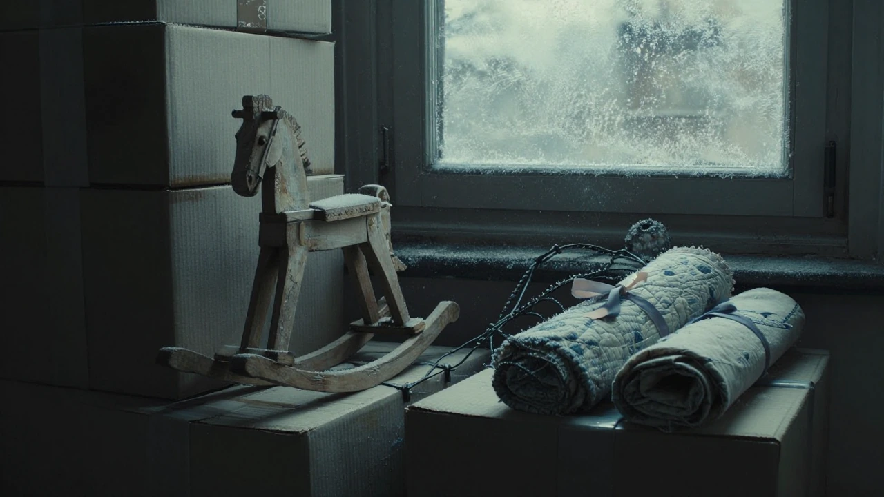 Dust-covered cardboard boxes stacked in shadow, frost creeping across a single frosted window pane in the corner, casting sharp crystalline light acro