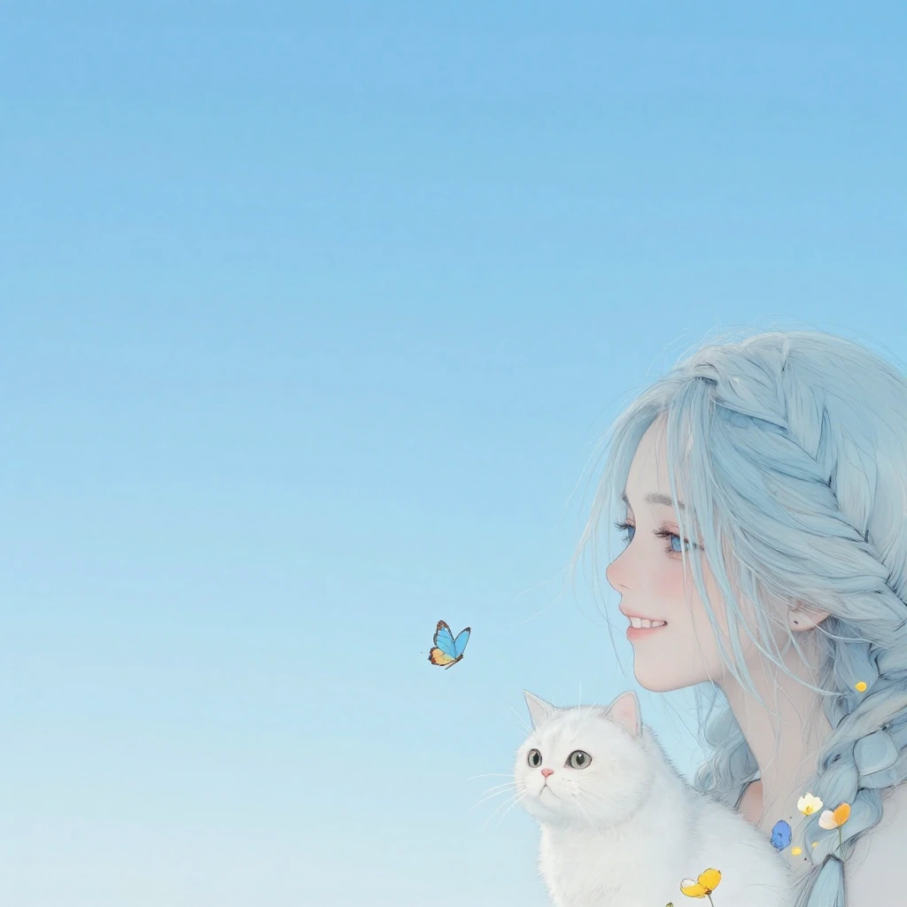 Close up, smiling woman pale blue platinum braided hair with a white cat, flowers butterflies. The sky behind her is every shade of blue gradient thats possible