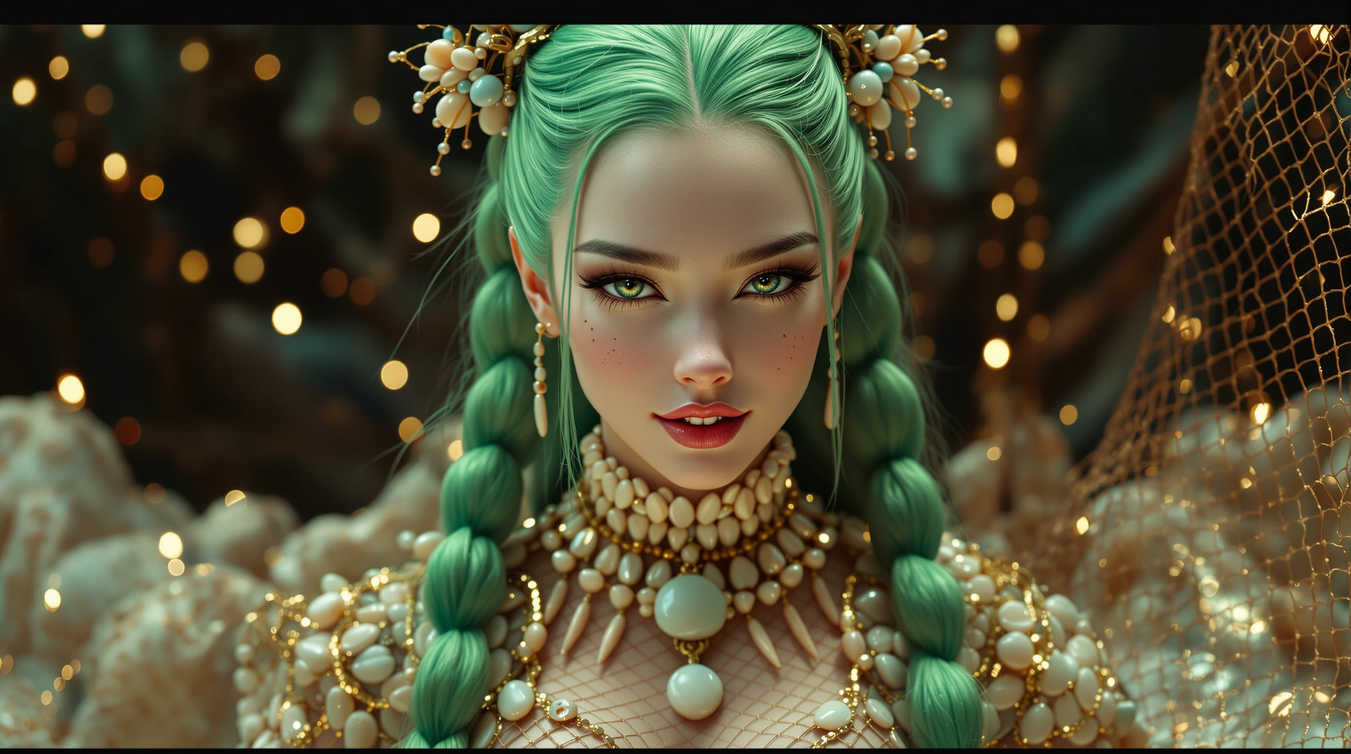 Stunningly Cute Woman with Ultra-long Jade-Green hair styled in a braided high ponytail that coils around her body like a serpent, her mouth has elongated fangs giving her a pronounced overbite. She has a cute button nose, high cheekbones and an angu