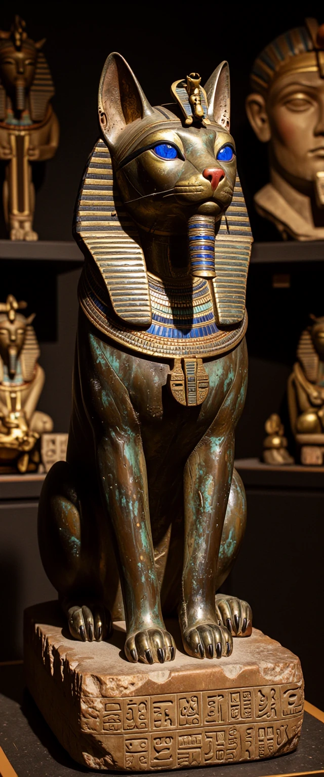 ​A regal, close-up photograph of an ancient Egyptian cat sculpture, representing the goddess Bastet, seated upright. The statue is crafted from aged b