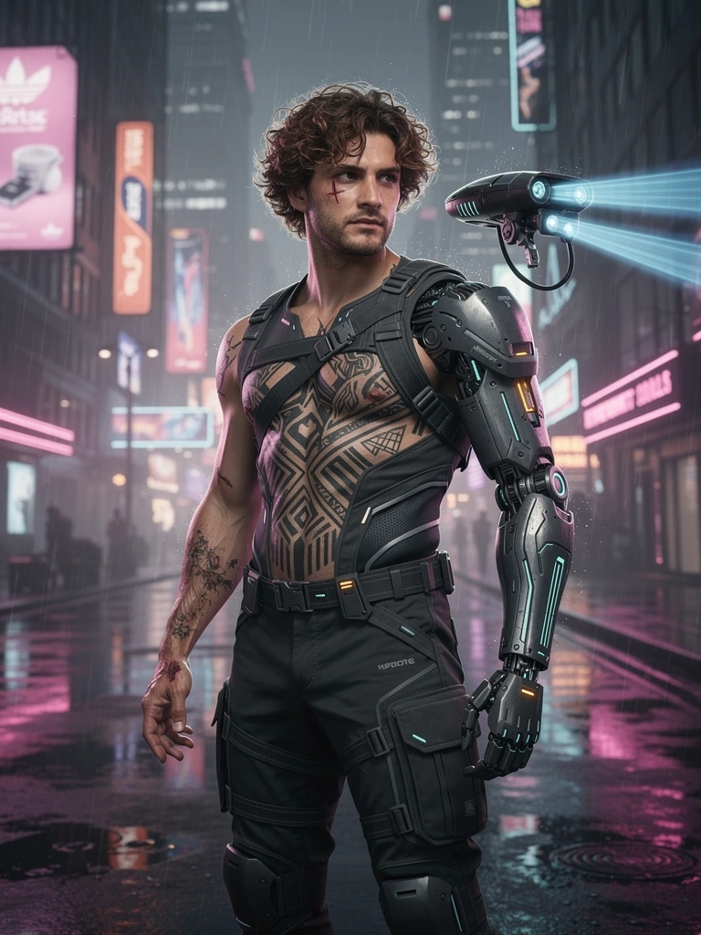 Full body shot of a cyberpunk scout named Karxzos, a 185 cm tall athletic Turkish man with a lean, well-defined physique, strong shoulders and balance