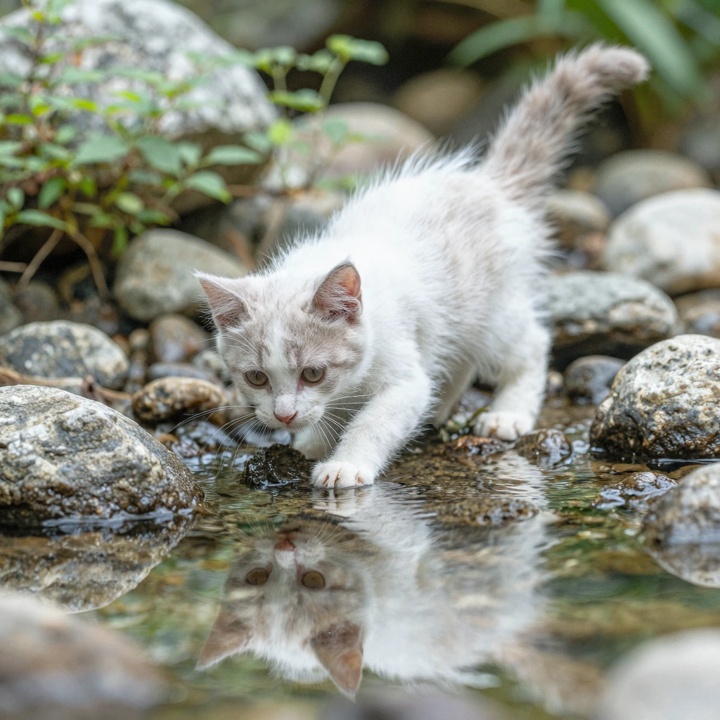 Kitten with fluffy fur playing with its reflection in a shallow stream, surrounded by smooth river rocks and green vegetation, natural daylight