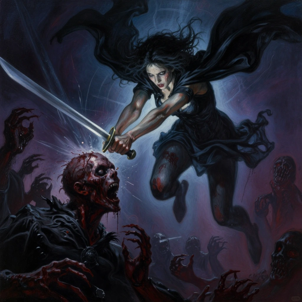 A fearesome sexy girl wearing a black cape slashing zombies, action image, intense serious facial expressions, strong moves, sword in the hand slashing a zombies head while jumping, 8k quality, extremely detailed