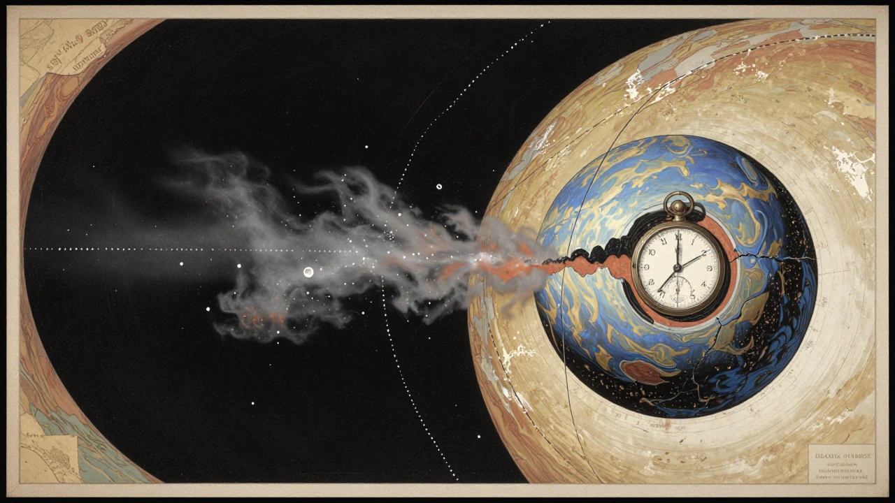 A cometary mass suspended in tenebrous void, its coma trailing in retrograde desolation, executed in the manner of nineteenth-century astronomical cartography—ocherous grounds, cerulean undertones, burnt sienna accents—with a fractured pocket chronom