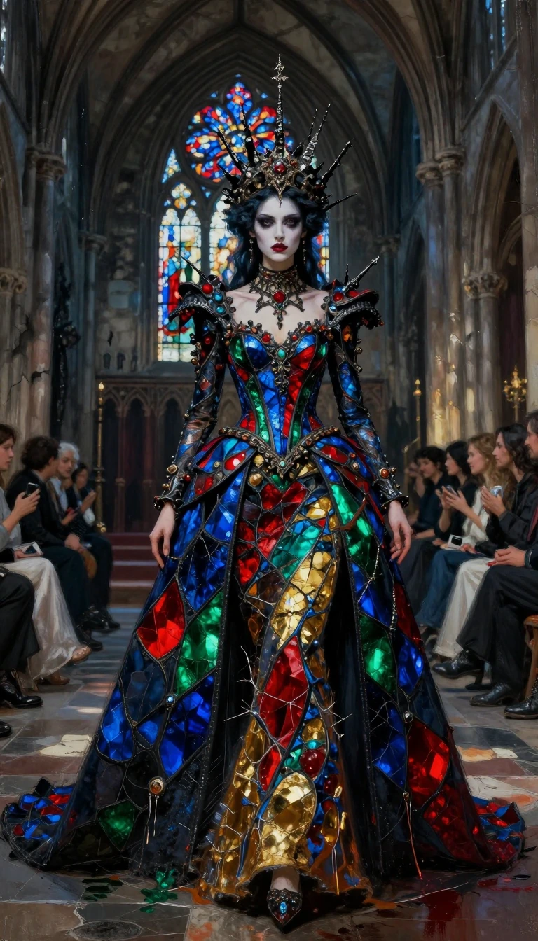 A striking figure walks through a Gothic cathedral in elaborate, stained-glass-inspired couture. Her ornate gown features a patchwork of jewel-toned p