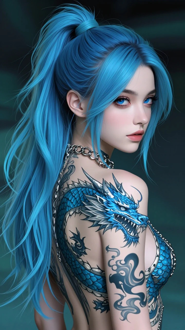 A stunning young woman with long flowing vibrant blue hair in a high messy ponytail with loose strands framing her face, looking over her shoulder seductively, beautiful detailed face, striking blue eyes, pale skin, intricate large blue dragon tattoo