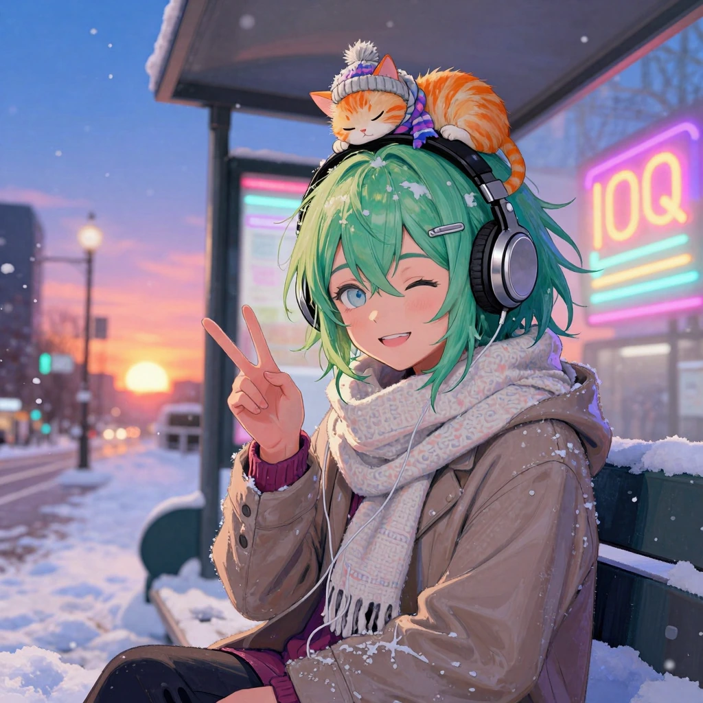 Anime-style brushstrokes paint, amazing details, cute pose, snowing, bundled up female, giving piece sign, smiling, winking eye, sitting at bus stop, listening to music, wearing large puffy headphones, green hair, pale blue eyes, winter attire, cold,