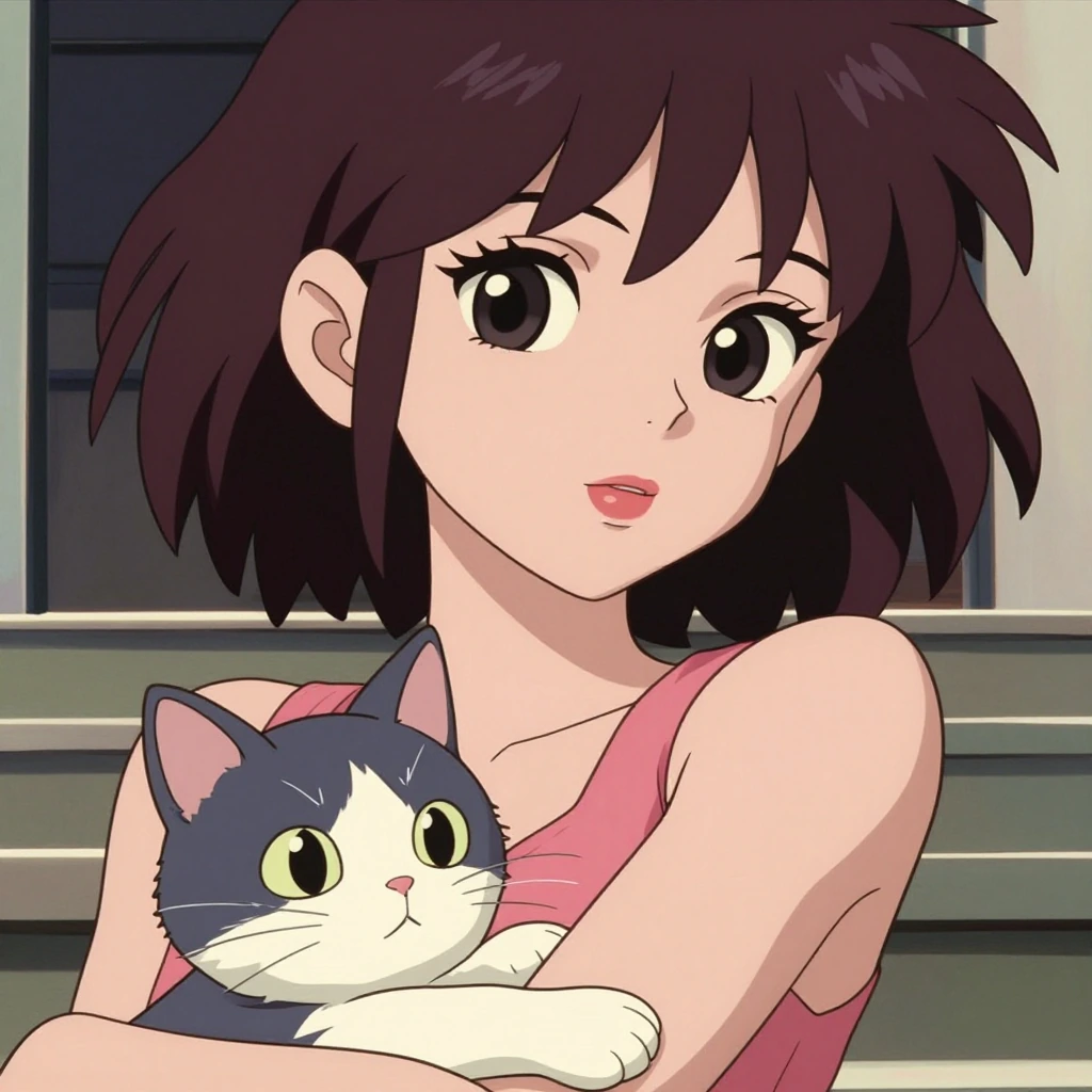 girl with her cat on the steps, eastern anime low shot