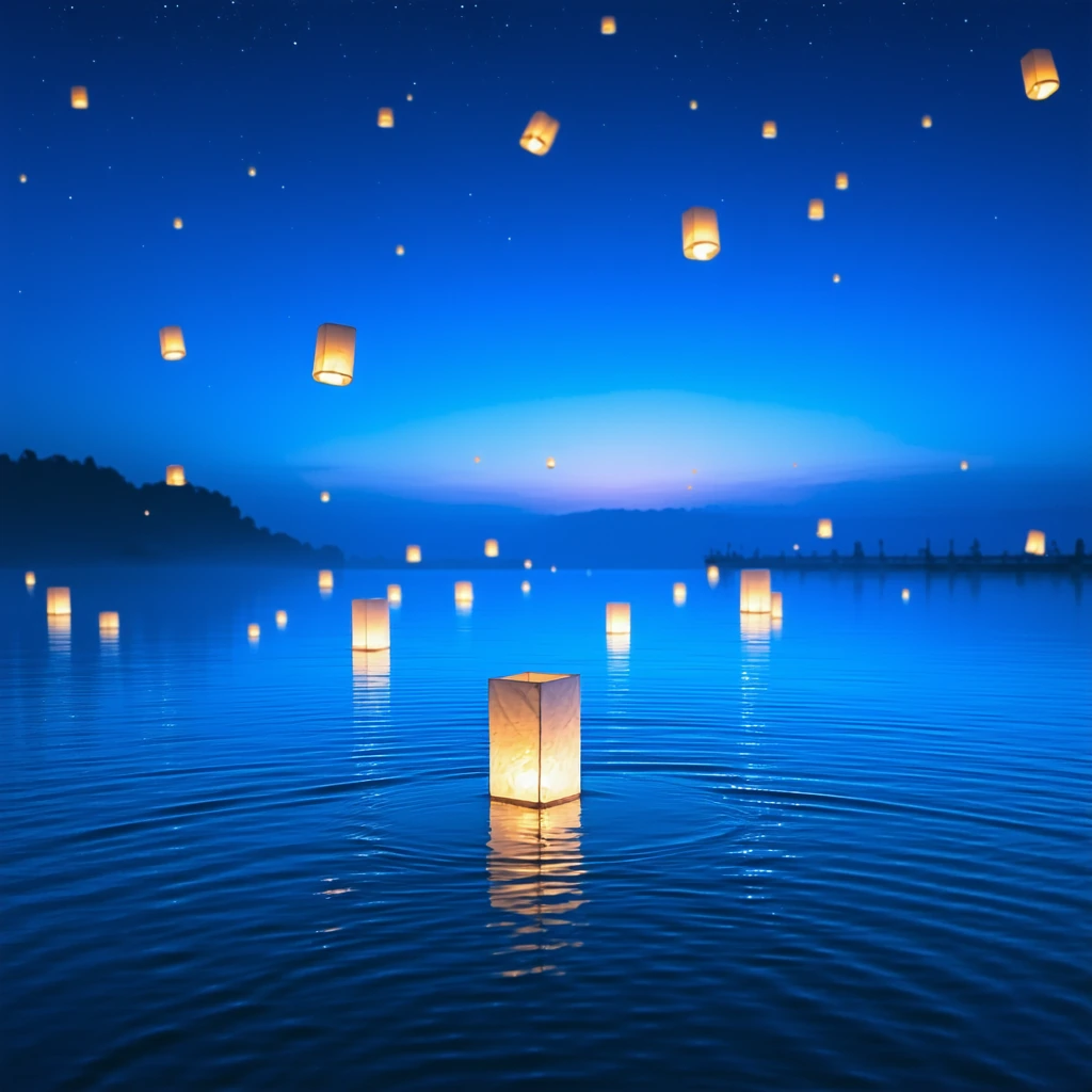 ethereal dreamscape with floating lanterns above calm water at twilight
