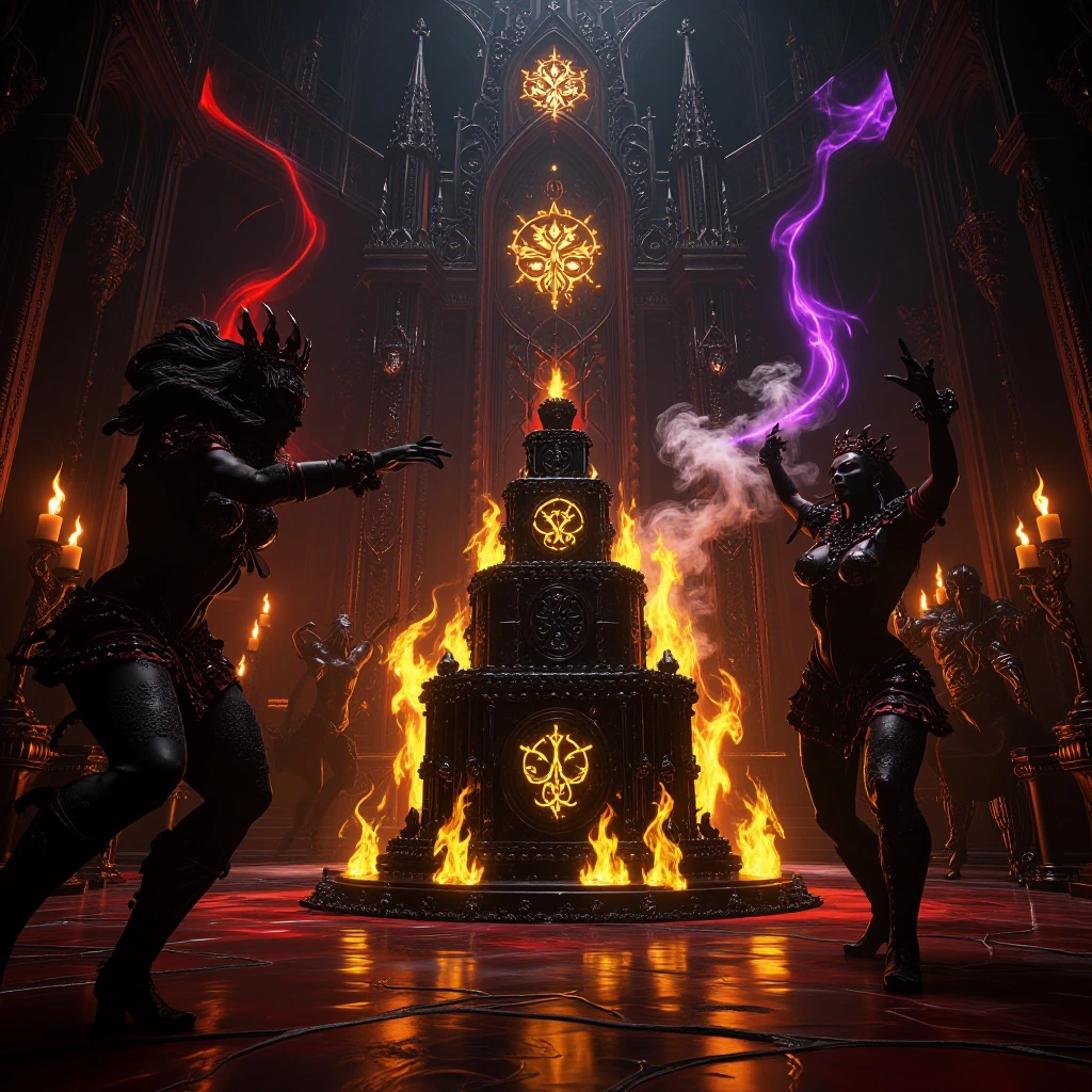 Dark crimson throne room, sulfurous yellow flames casting dancing shadows, ancient obsidian architecture with gothic spires, ornate demonic runes glow