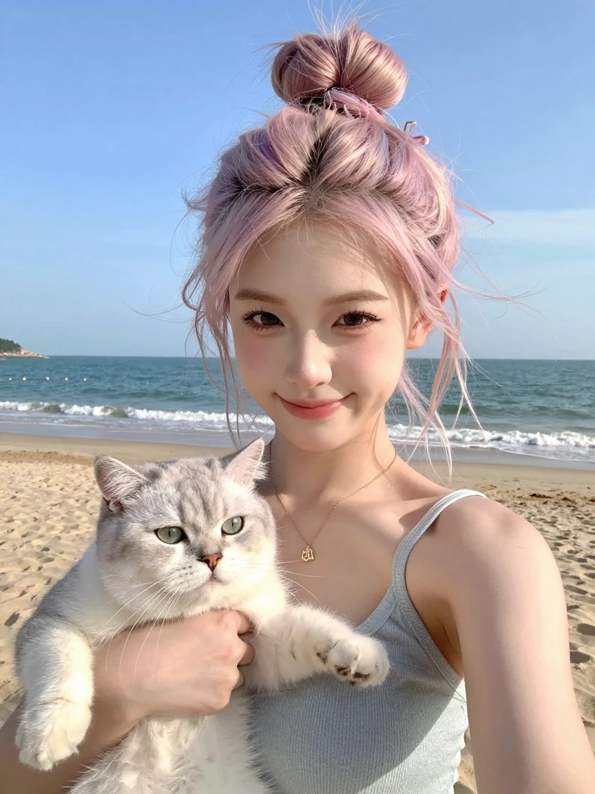 Crazy girlfriend pastel messy space bun hair, taking a selfie with her cat at the beach