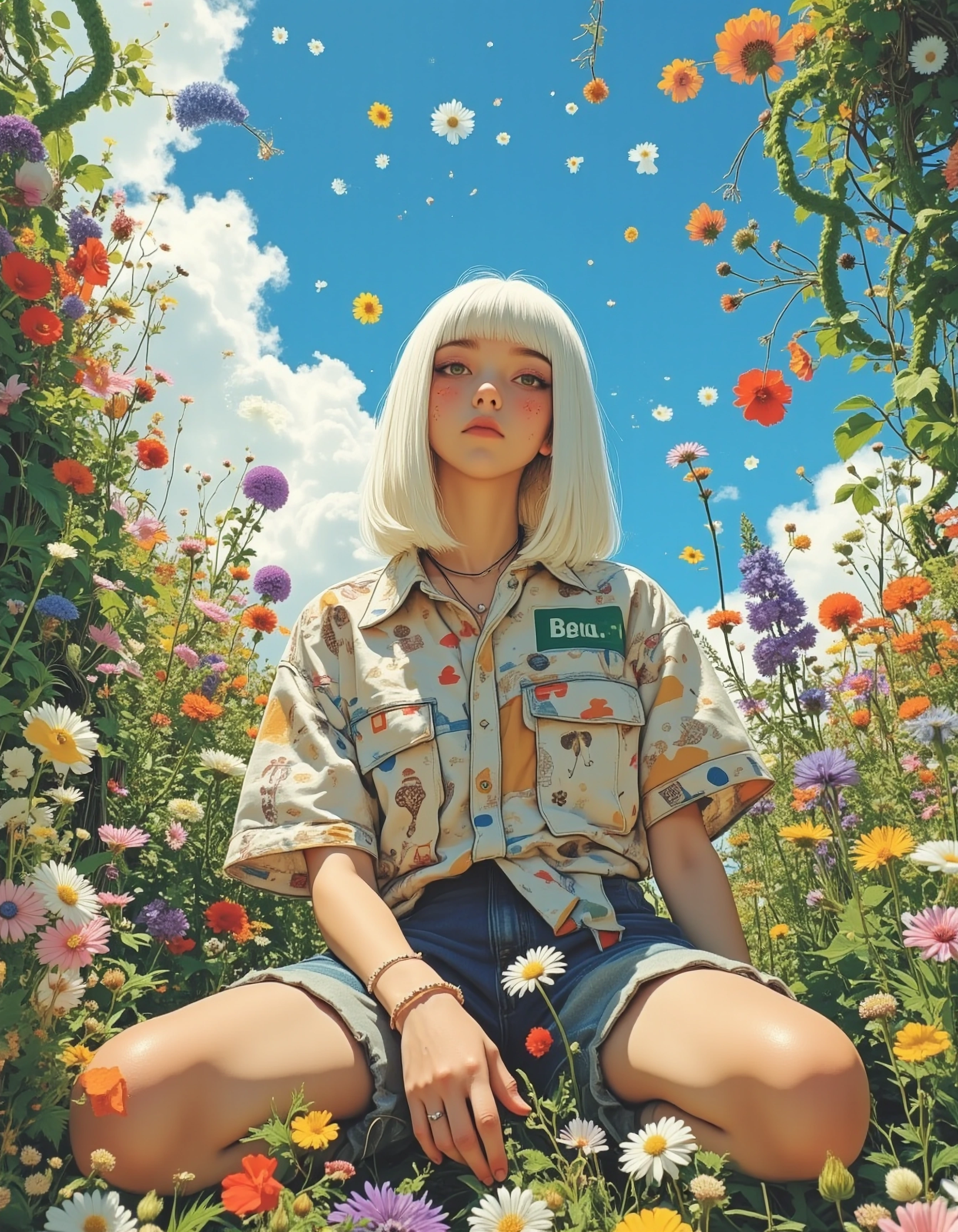 A stunning view of a lush, chaotic garden of overflowing with vibrant wildflowers and winding green vines. Seated amidst the blossoms is a young girl with striking, waist-length white hair and a cool, composed expression. She is dressed in casual att