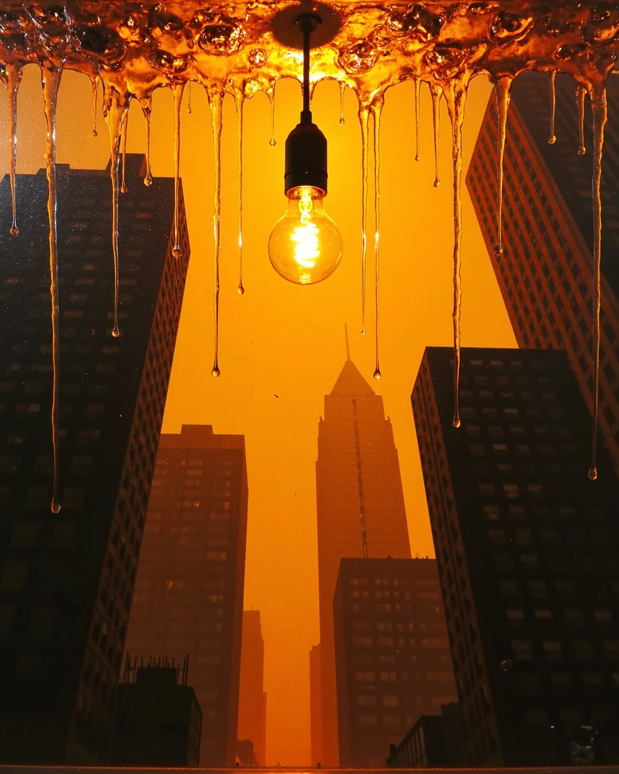 A single dangling lightbulb swinging through layers of dripping resin, casting infinite shadow theaters on sleeping skyscrapers.