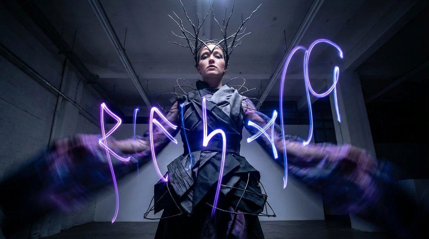 She twirls playfully in her sculptural dress, the camera tilting up as "accidental" brushstrokes of her flowing sleeves leave glowing corruption runes across the viewer's perspective. Her girlish giggle echoes with unnatural reverb while the avant-ga
