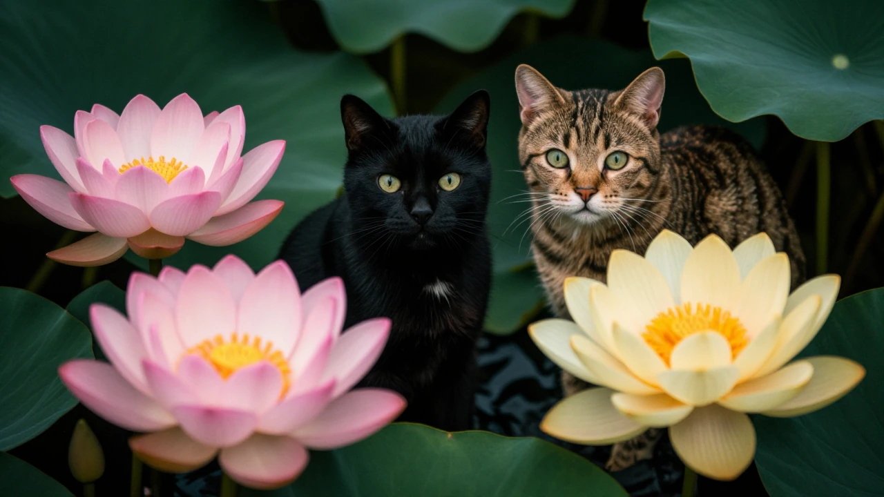 Lotus flowers and two cats. Black and tabby, Pink blue yellow green