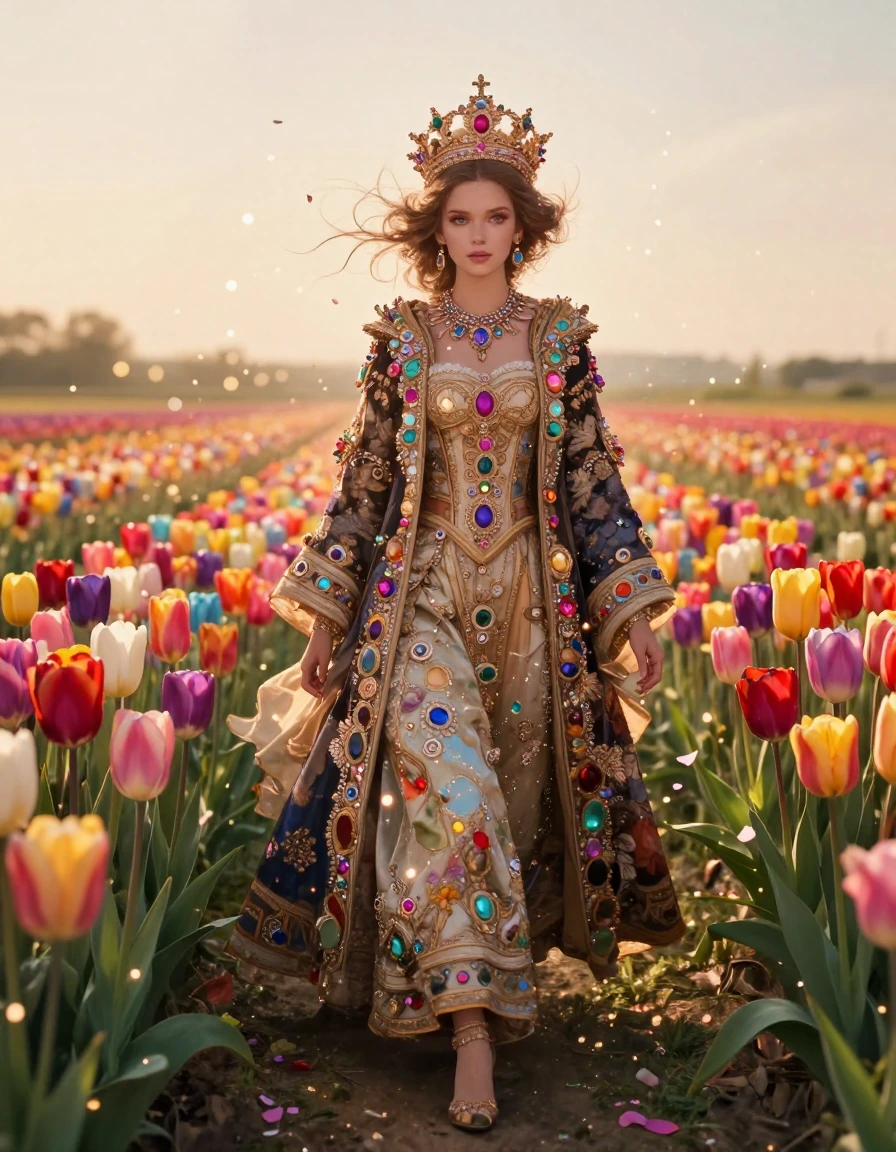 A regal empress in extravagant, jewel-encrusted imperial finery and ornate crown, strolling gracefully through a pristine field of vibrant multicolore