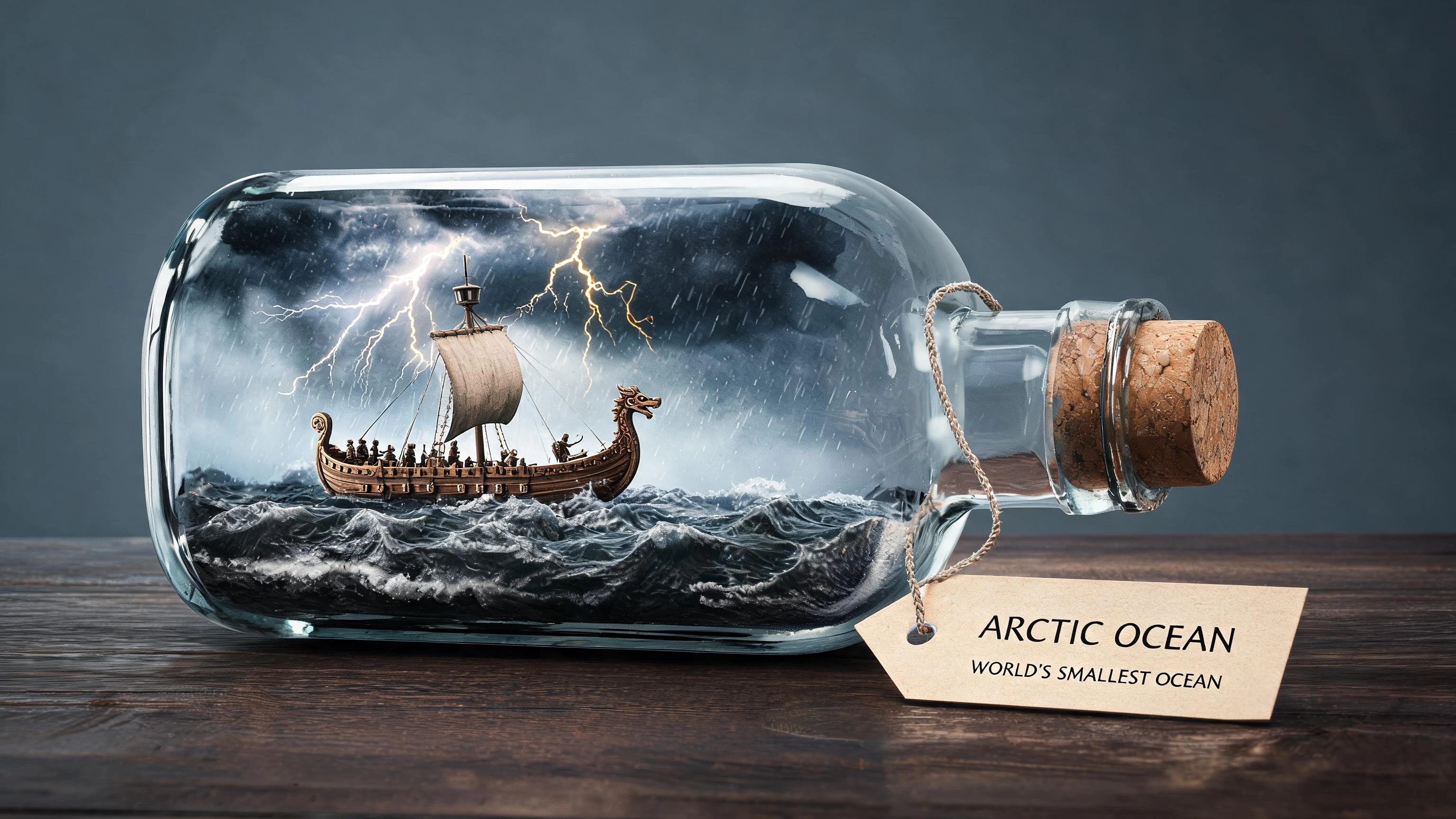 the world's smallest ocean; Miniature Viking Long Boat sailing inside a bottle, a lightning storm rages inside the bottle.