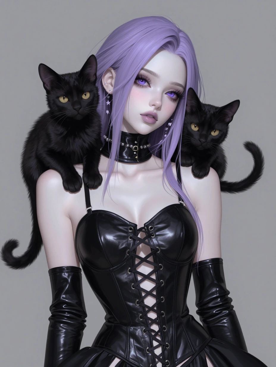 A striking figure with ethereal lavender hair cascades down her porcelain face, framing violet eyes with dramatic lashes. She wears a black leather corset adorned with intricate lacing and a high collar. Long black gloves extend up her arms, gleaming