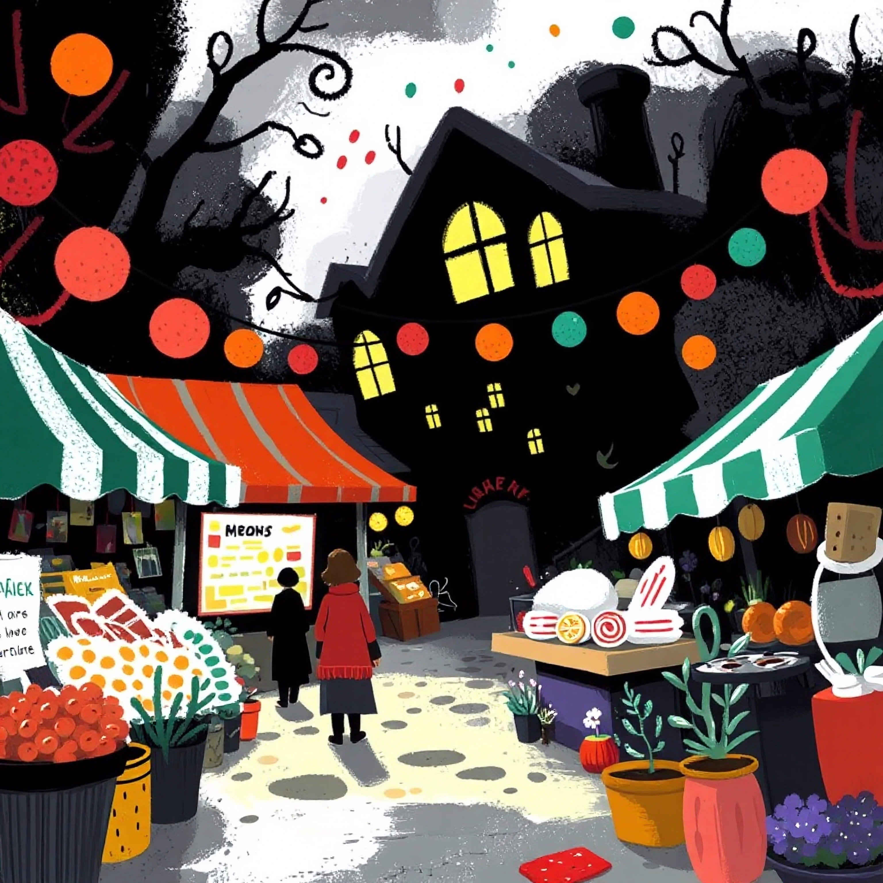 Dark market, illustration by markers a dream whimsical marketplace