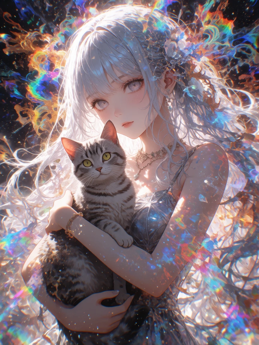 Celestial Fantasy style, platinum woman with her cat