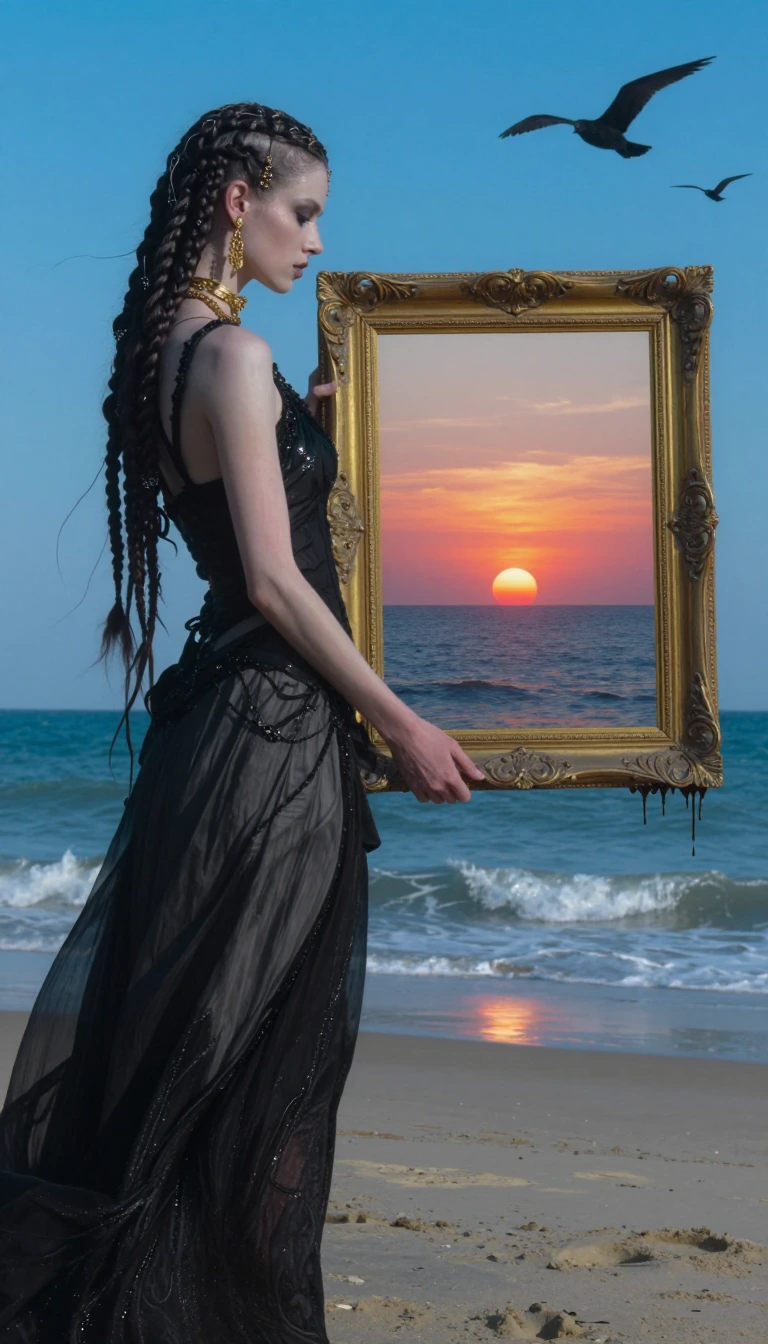 She no longer gazes at the horizon, for she holds it in her hands. In this golden frame, she has cap…