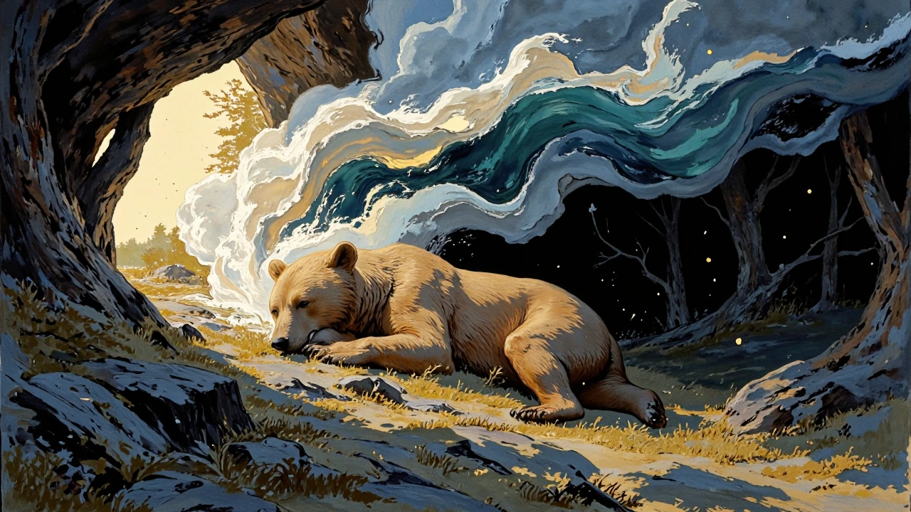 A brown bear lying in deep sleep in a forest den, its face peaceful and vulnerable. Translucent wisps of dream-imagery rising from its head like warm breath made visible—within those vaporous forms, a luminous ocean scene unfolds: waves, distant hori
