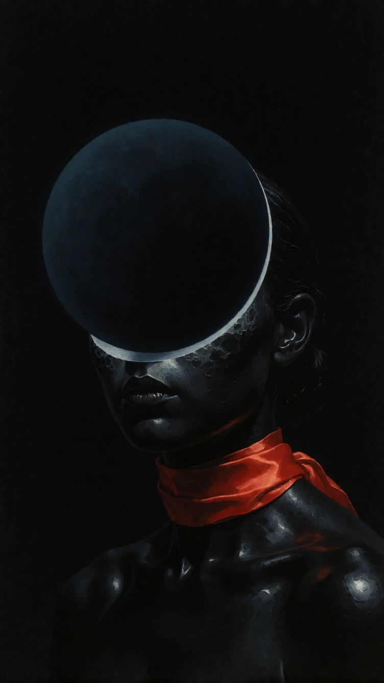 An oil painting depicts a ritualistic eclipse where a personified moon, a figure with skin of polished obsidian, resides in the foreground, while an expansive, starless void of deep space occupies the background with equal, crushing density. The figu