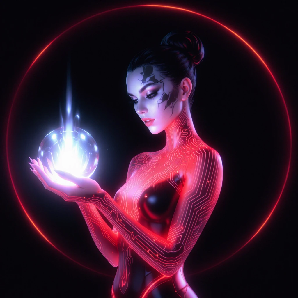 woman in a form-fitting crimson neon bodysuit with intricate circuit board patterns glowing along her arms and torso, holding a luminous energy orb that radiates white-hot light from her open palm, the glow casting sharp shadows across her face and b