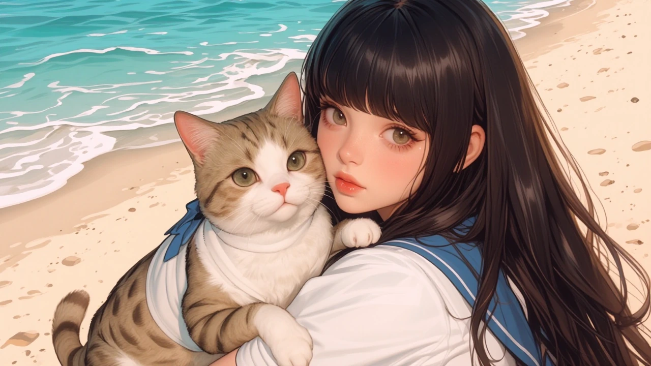 Girl with her cat at the beach. Kawaii themed