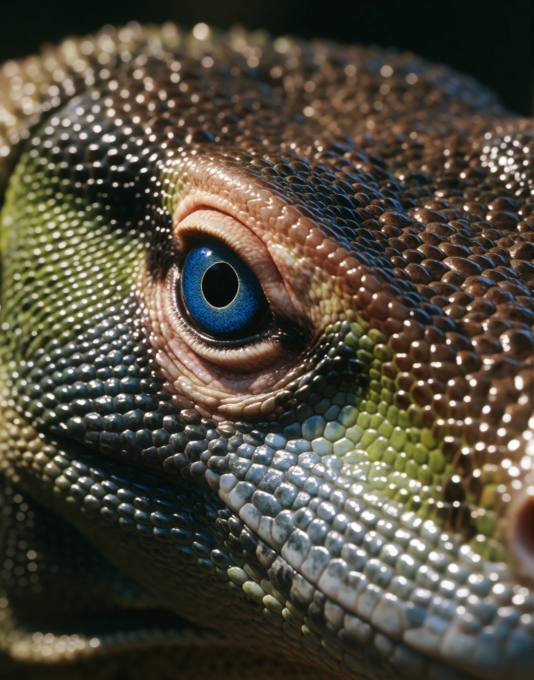A close-up of a large, colorful lizard inspired by a Komodo dragon, with ultra-realistic skin textures and vibrant natural coloration. The lizard’s sc