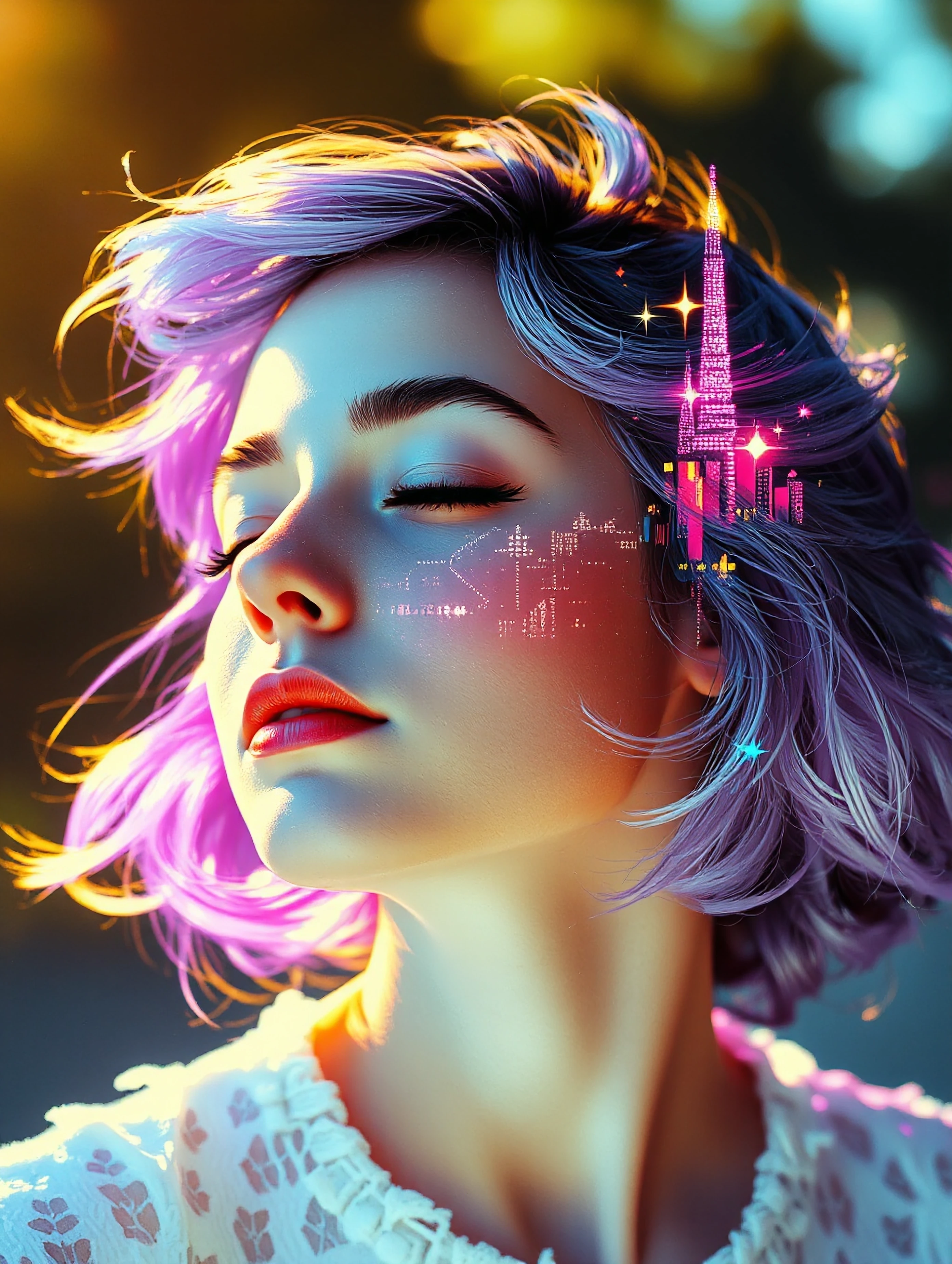 A dreamy 1980s girl with feathered hair and pastel aesthetic, eyes closed in peaceful slumber, soft focus portrait, double exposure effect seamlessly 