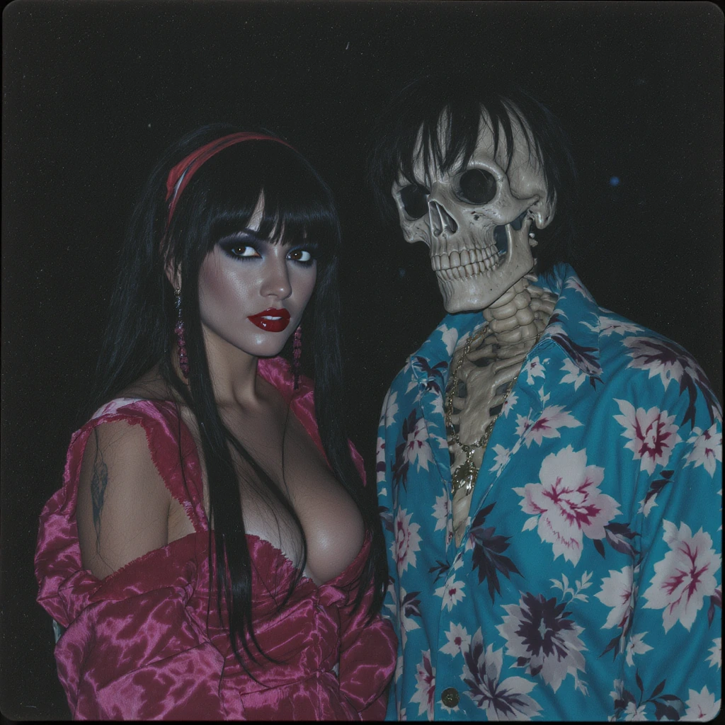 A photograph of an exotic woman standing next to a skeletonized man wearing a teal floral print shirt, with black hair and a skull necklace. The image has a dark, aesthetic quality reminiscent of 90s flash photography, in the style of David LaChapell