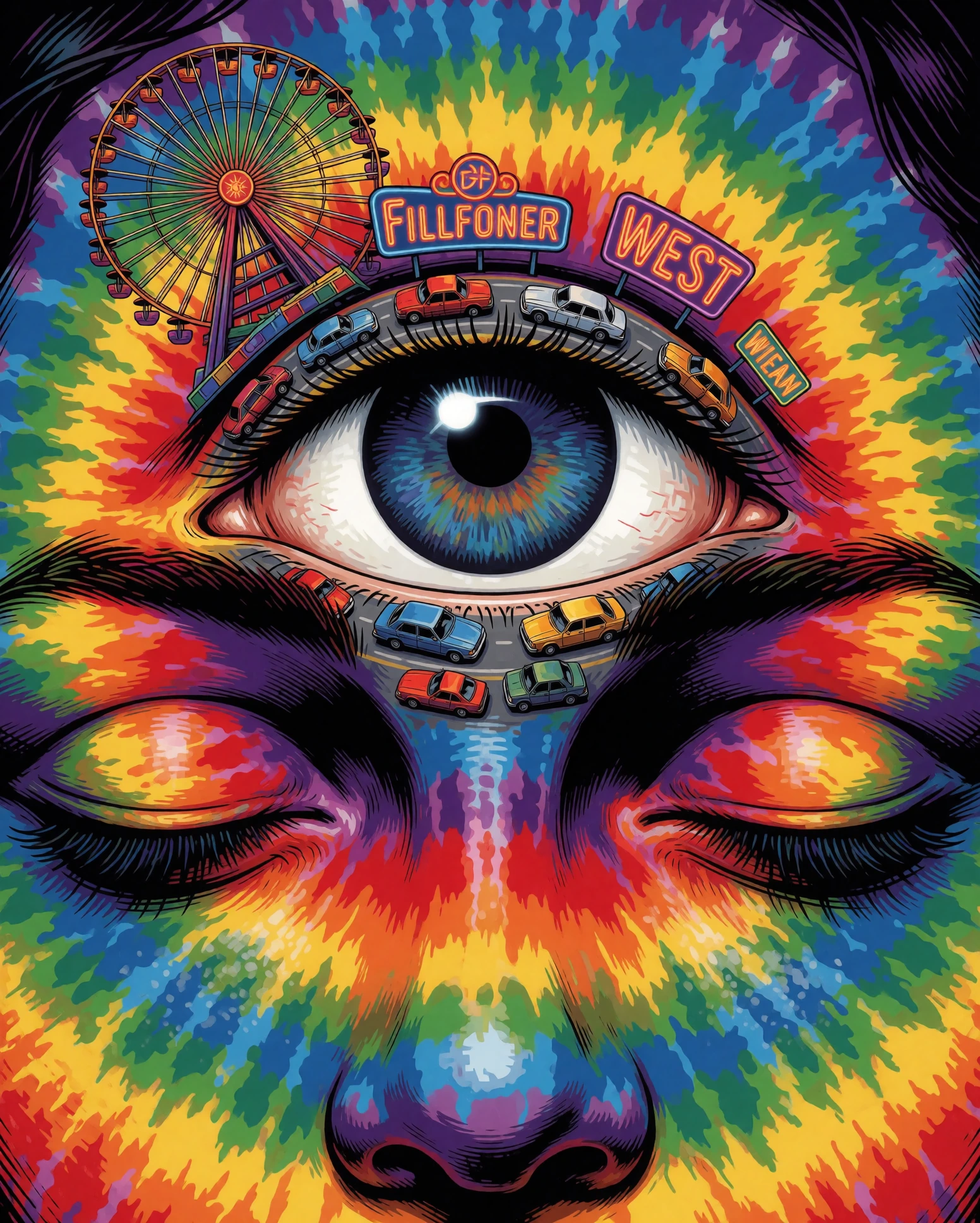 A face with a third eye in the forehead, and that eye is a busy roundabout tiny cars circling the iris, neon signs, a Ferris wheel on the eyelid. The other two eyes are closed and serene. Skin is painted in radial rainbow tiedye bands emanating from 