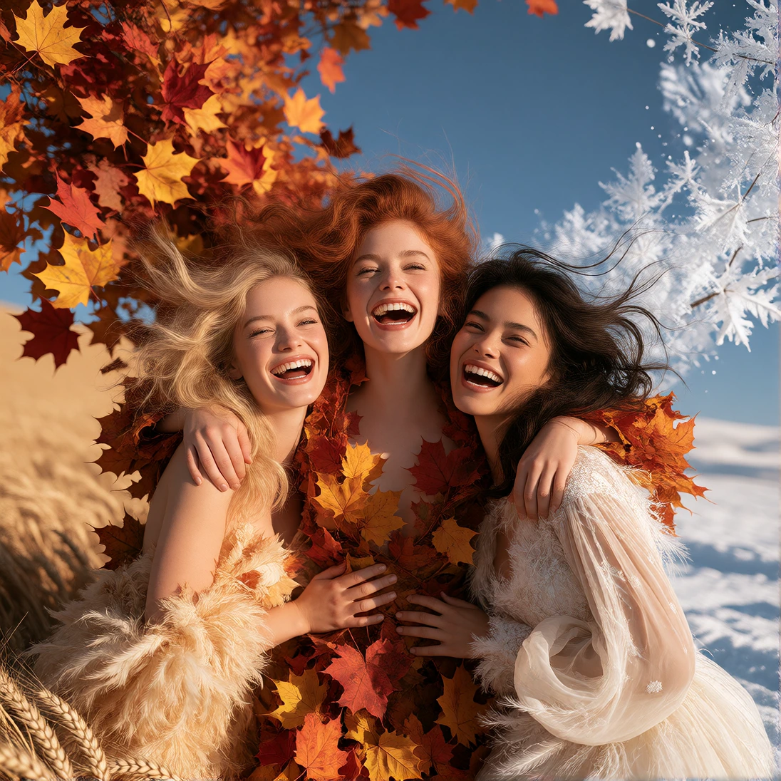 Title: "Autumn meets Summer & Winter" An image of three young women arms around each other laughing joyfully at their company. The left-hand woman is symbolises Summer, blonde hair blue eyes, she is dressed for a summer party. Autumn is in the centre