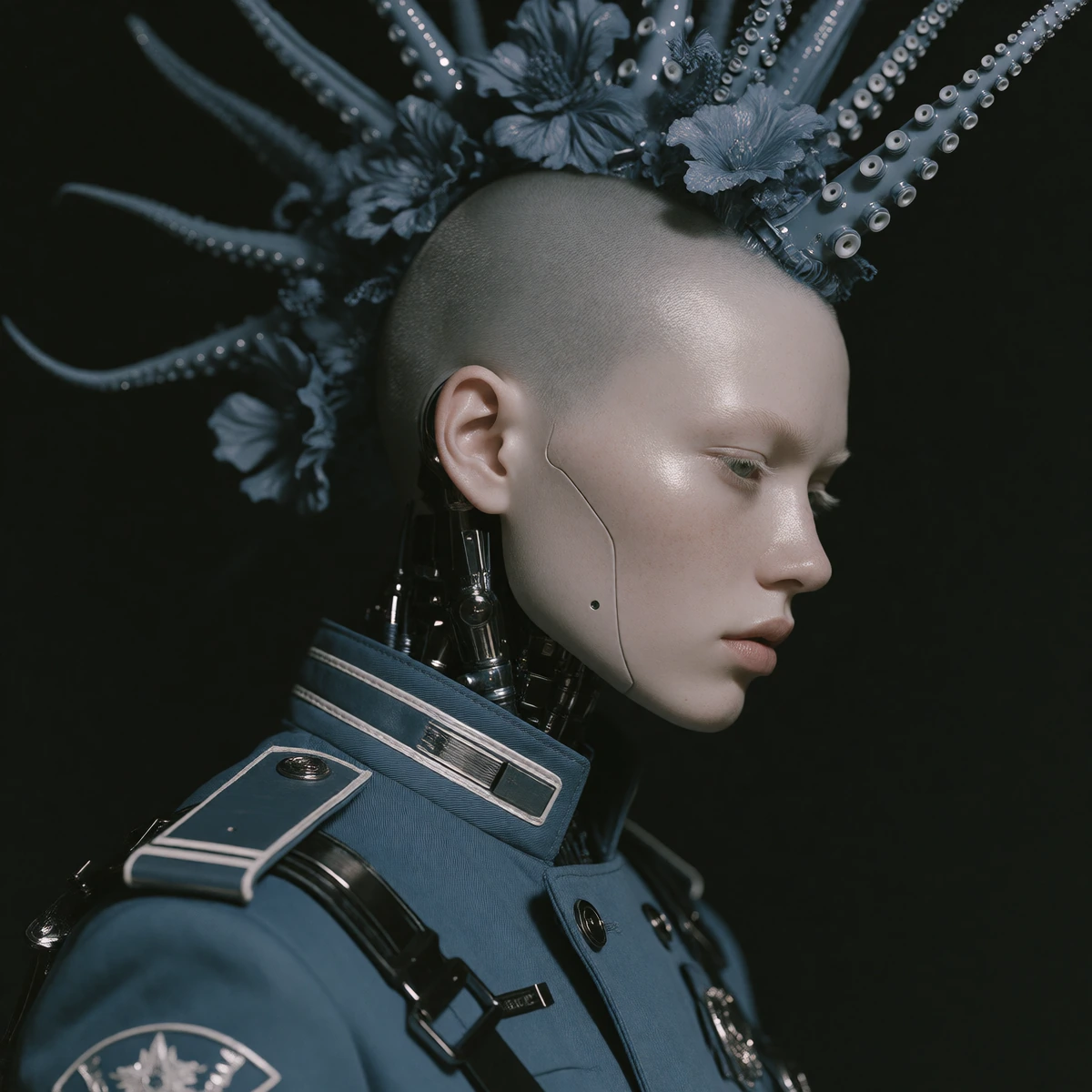 Surreal conceptual portrait of a robot in profile with a shaved head, wearing an futuristic military-style blue uniform. In place of hair, an explosiv