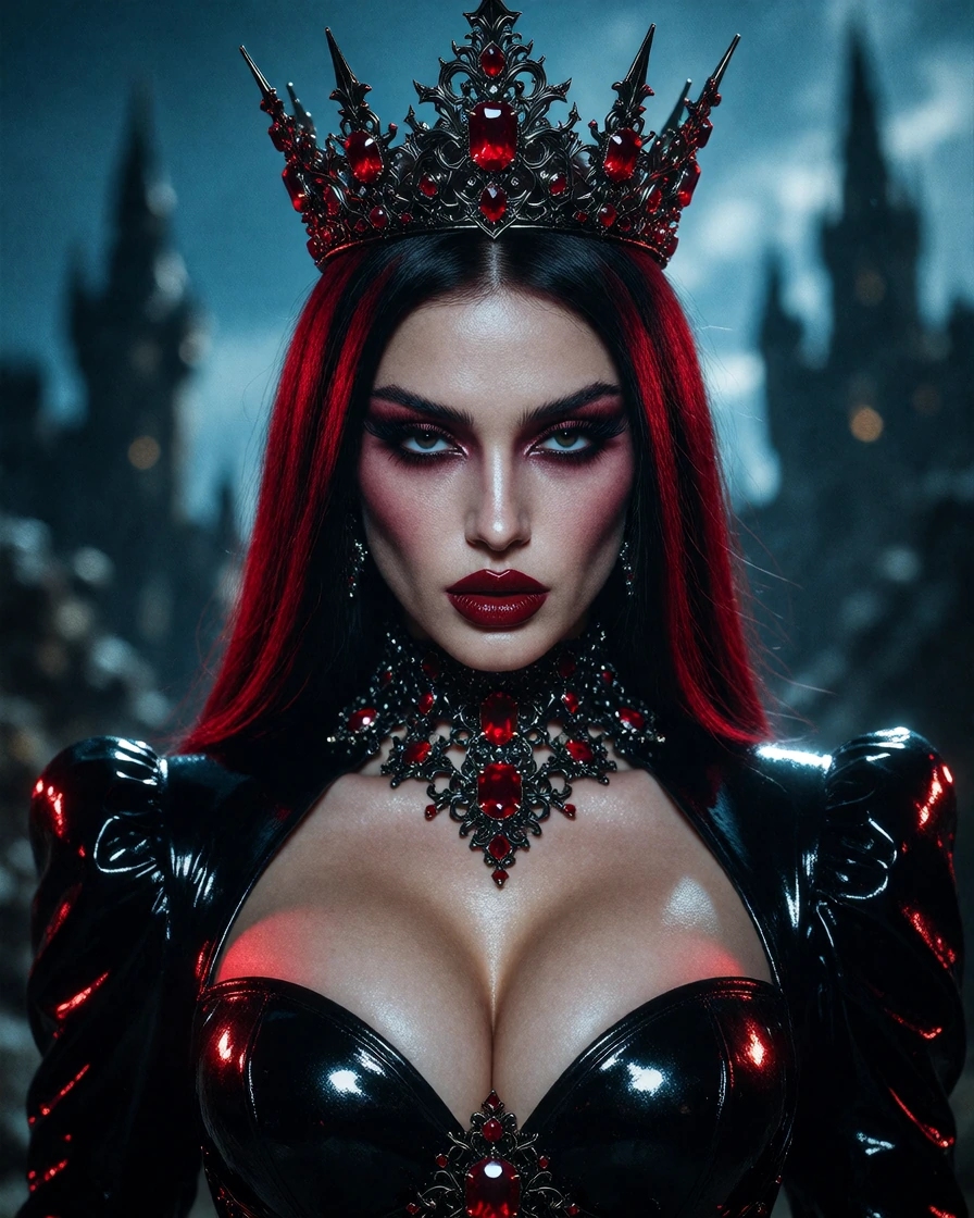 Cinematic portrait of a hyper-realistic, fantasy gothic queen. Female subject with pale porcelain skin, sharp angular cheekbones, and full glossy red lips. Long straight black hair with vibrant crimson streaks, parted in the middle, framing the face.