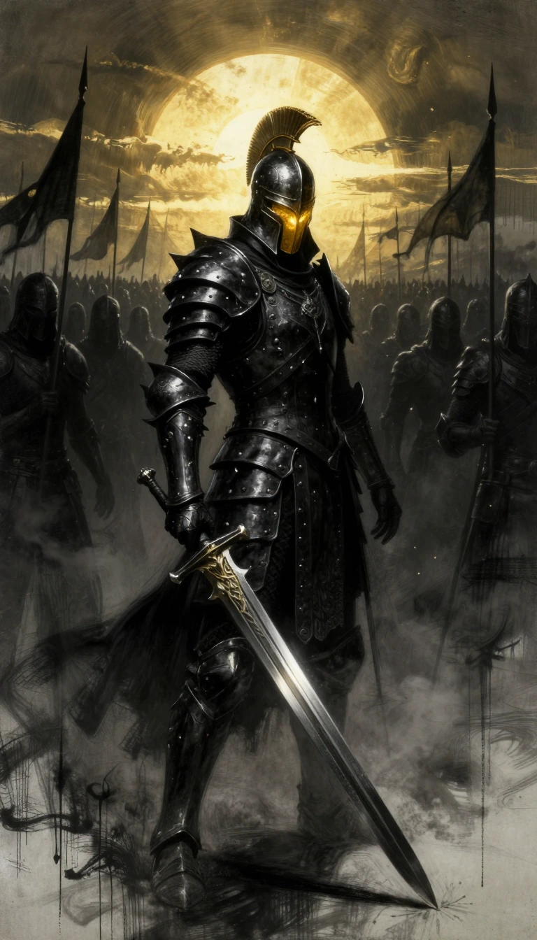 Cinematic full-body shot of a dark knight commander leading a massive army. The knight wears intricate, jagged black plate armor with sharp pauldrons and a Greek-style Corinthian helmet with a glowing golden visor. He holds a long, ornate broadsword