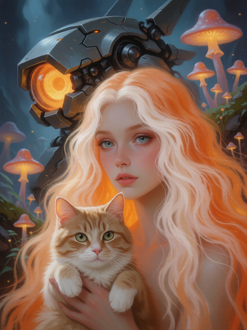 woman long flowing orange cream hair, with a cat and with a mecha, pastel painting, otherworldly background with glowing alien mushrooms