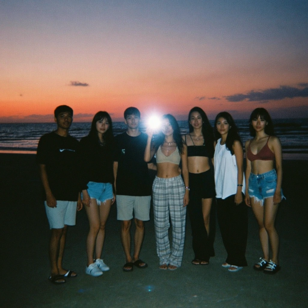 Beach group photo taken with flash during sunset, overexposed subjects against darker sky, red and orange color cast, relaxed poses, visible flash reflection, classic disposable camera aesthetic
