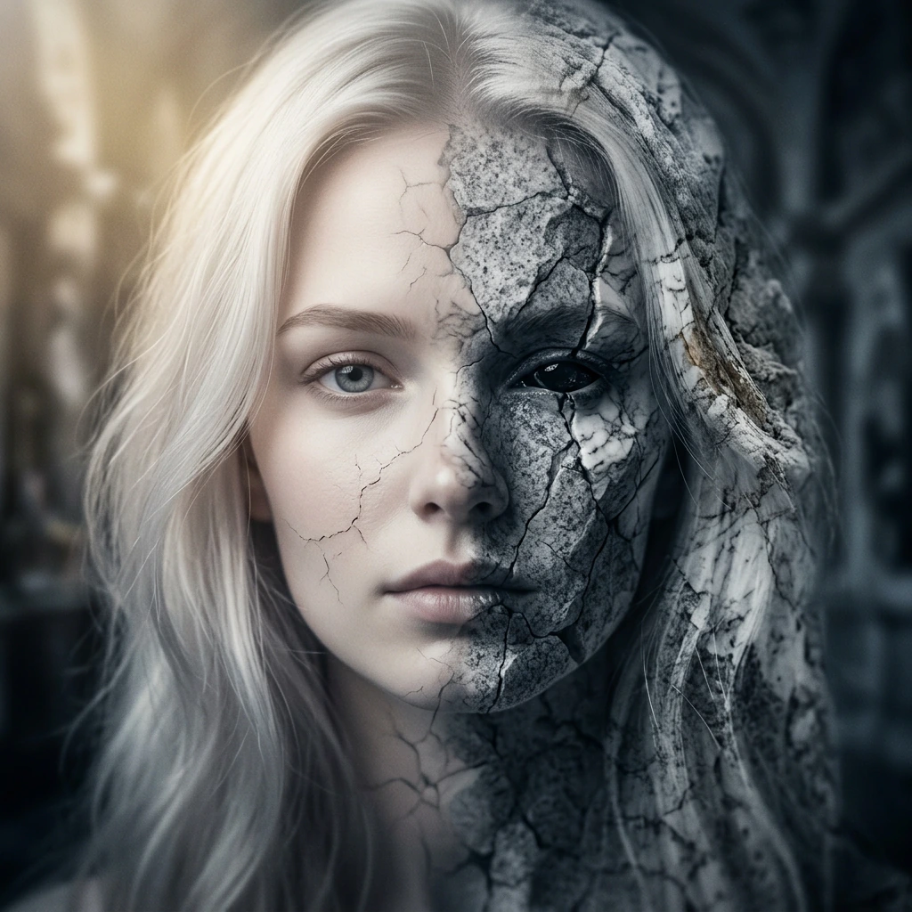 Ethereal feminine face with porcelain skin melting into weathered granite and cracked marble, double exposure masterpiece, one half luminous angel fea