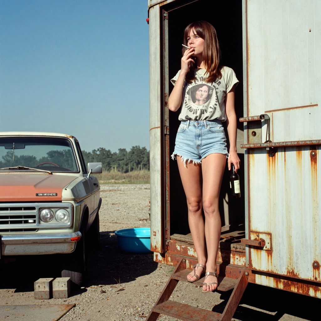 Woman in her mid-twenties on rusted trailer steps, cigarette at her lip, beer bottle loose in hand, faded band tee and cutoff denim shorts, shot as a 1970s Kodachrome photograph—flat documentary light, natural shadows, no artifice, summer heat haze d