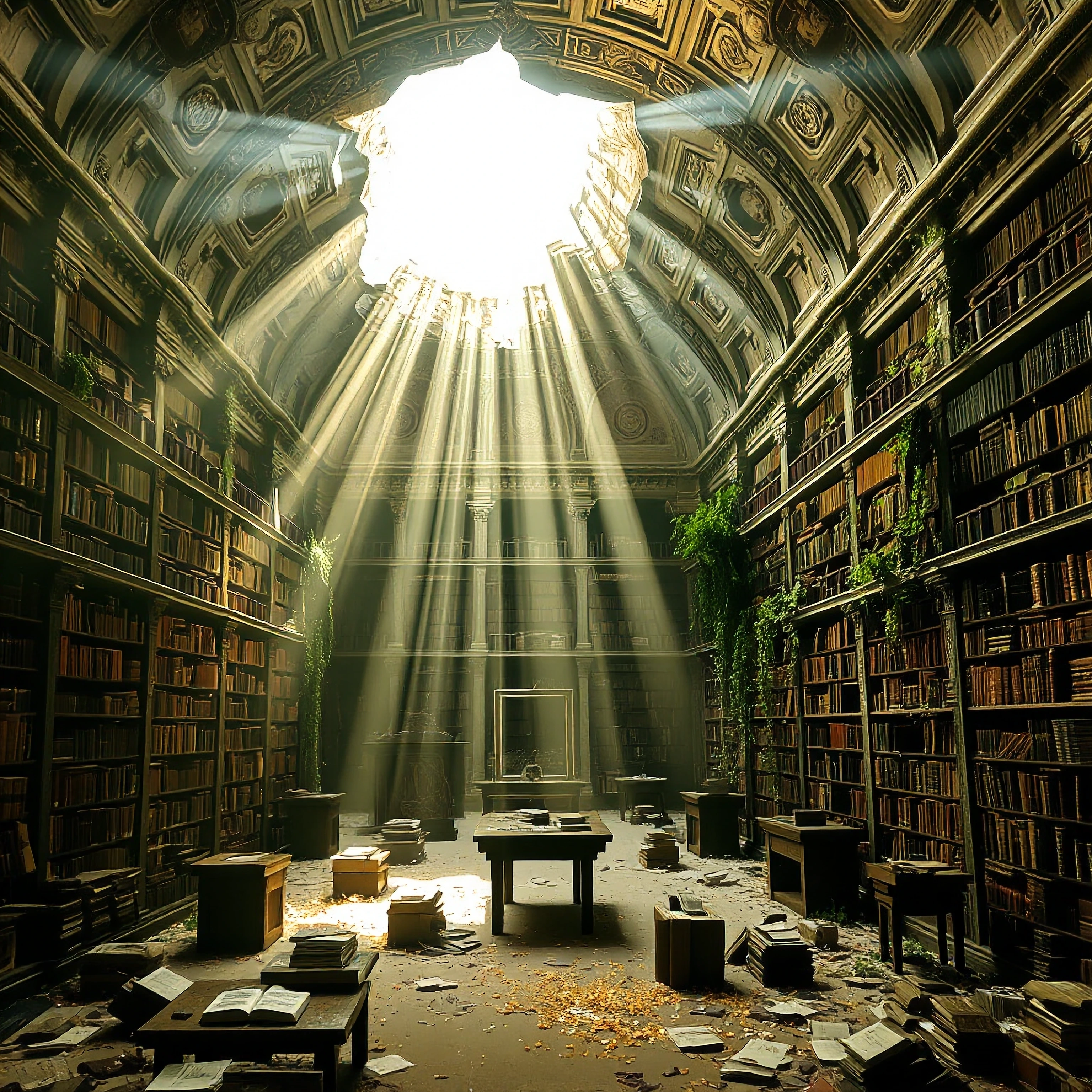 An ancient library forgotten by time, its ornate vaulted ceiling dramatically split open like a cracked eggshell, jagged fissures revealing impossible celestial light streaming down in divine rays through dusty air, illuminating endless rows of leath