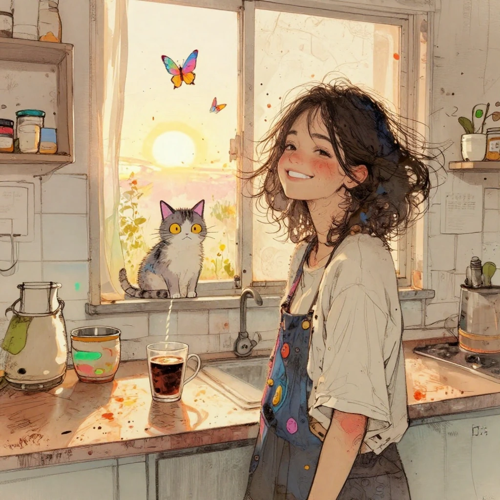 Beautiful happy woman in the kitchen in the morning. Cat coffee window sunrise, colorful marker ink, butterflies