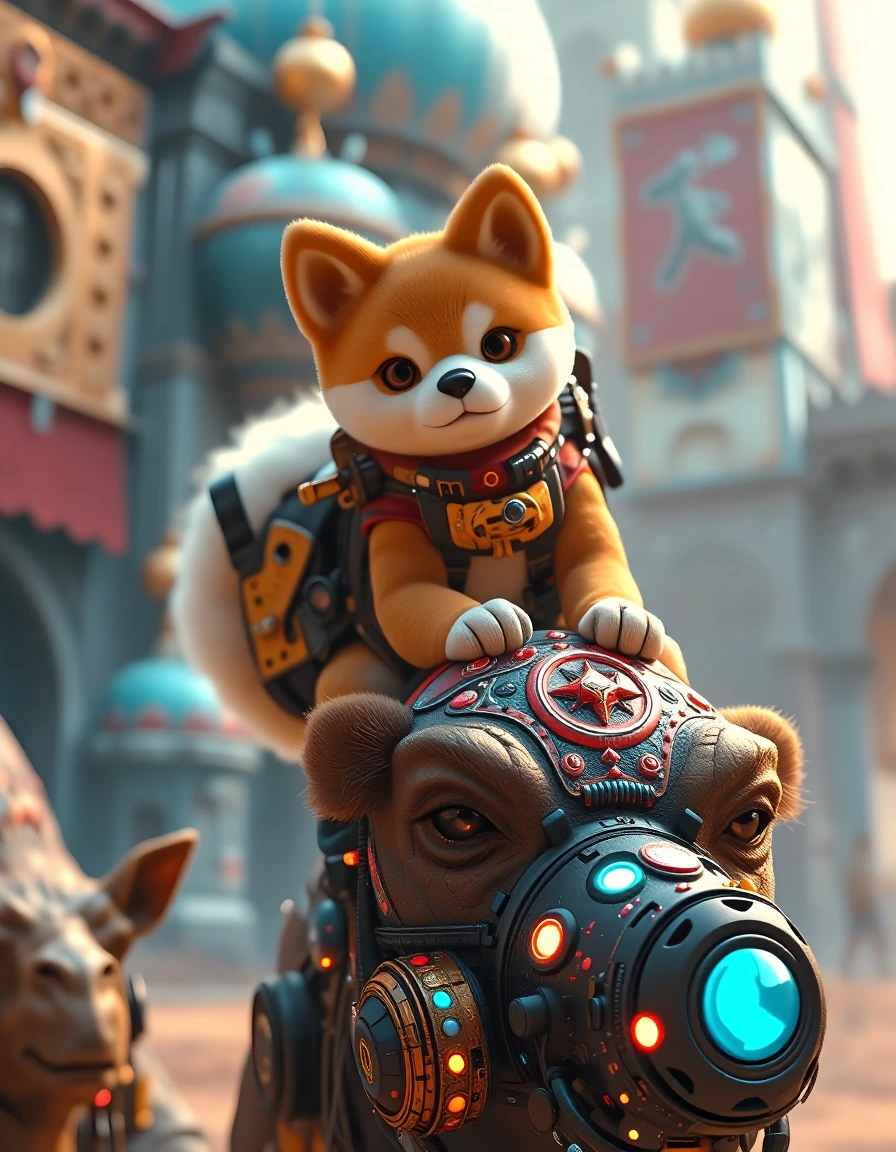 meme-ish image of a cartoon shiba inu riding a camel, hyper-realistic 3D animated Biopunk with raytracing lighting, very high detailed, 8k quality