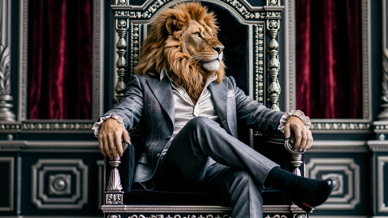 A hyperrealistic 4K image of an anthropomorphic lion man with a long mane and a classic suit with intricate embroidery on the jacket and trousers, a s