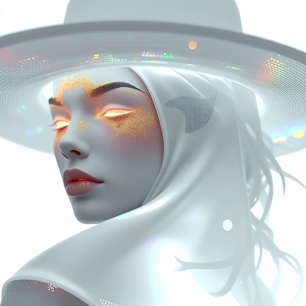 A woman's profile rendered in monochromatic white, emerging from luminous mist—her face outlined by prismatic light that refracts into thin bands of rose gold and pearl. Her lips glow with deep crimson that bleeds softly into surrounding whites. Gold