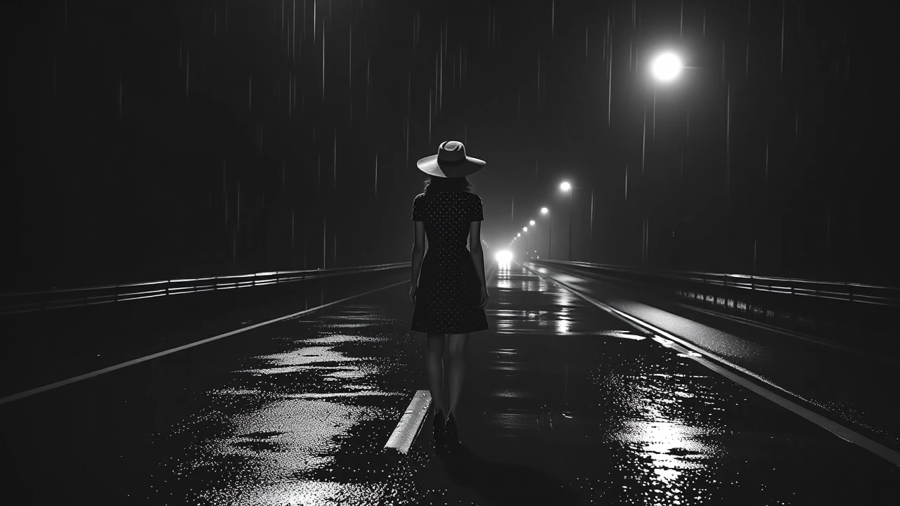 1950s film noir—a woman in a polka-dot dress and wide-brimmed hat stands alone on a rain-slicked highway at night, lit by a single distant streetlamp. Rain falls upward from the asphalt into darkness. Shot in stark monochrome with silver gelatin grai