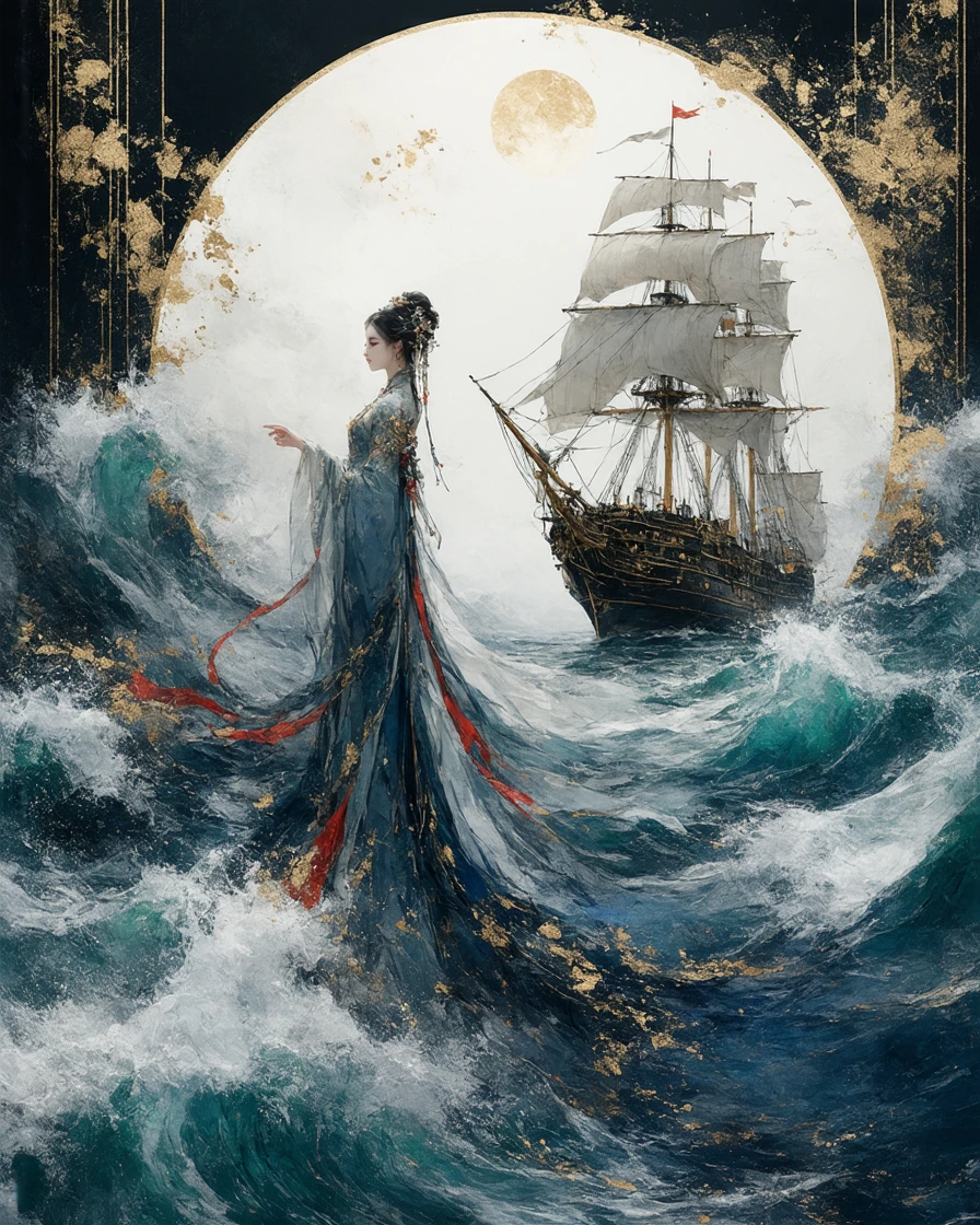 A vertical digital painting in the style of Art Nouveau and Japonisme, featuring a majestic female figure standing amidst turbulent ocean waves. The woman has pale skin, long flowing white hair adorned with gold filigree and pearls, and wears an elab
